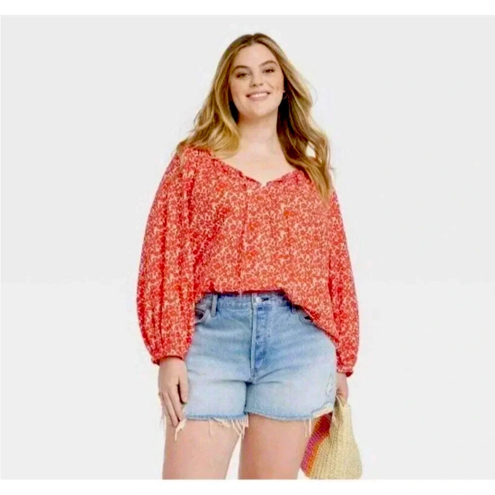 NWT Universal Thread Long Sleeve Flowy Puff Sleeve Red Floral Blouse Shirt XXL